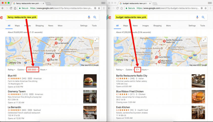 Screenshot of Google's local map pack widget