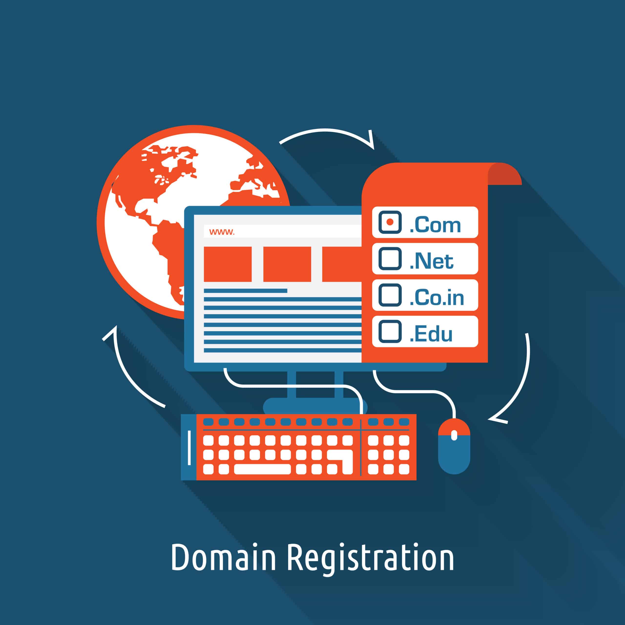 A graphic depicting a computer, server, and a globe with the text "Domain Registration"