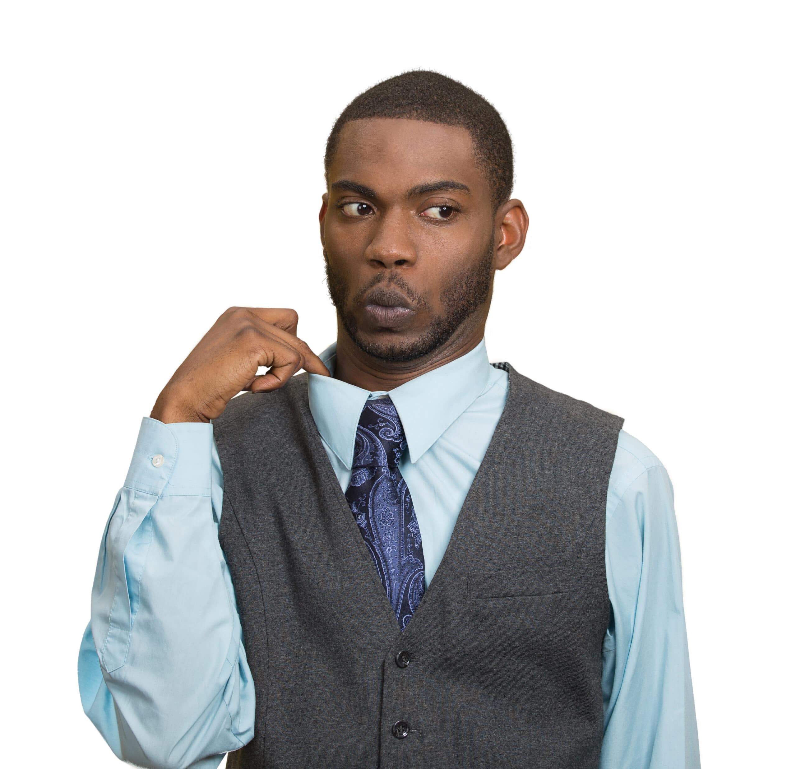 Business man pulling awkwardly at his collar