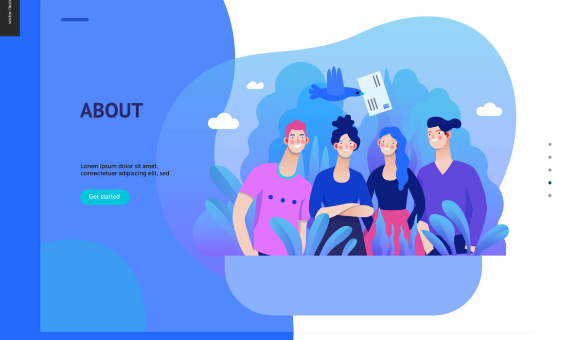 A graphical representation of an "About Us" page of a website