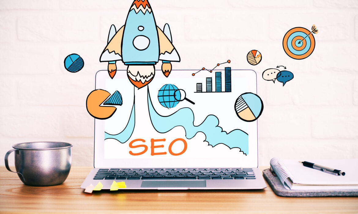 Various SEO elements and icons and a rocket ship launching from a laptop