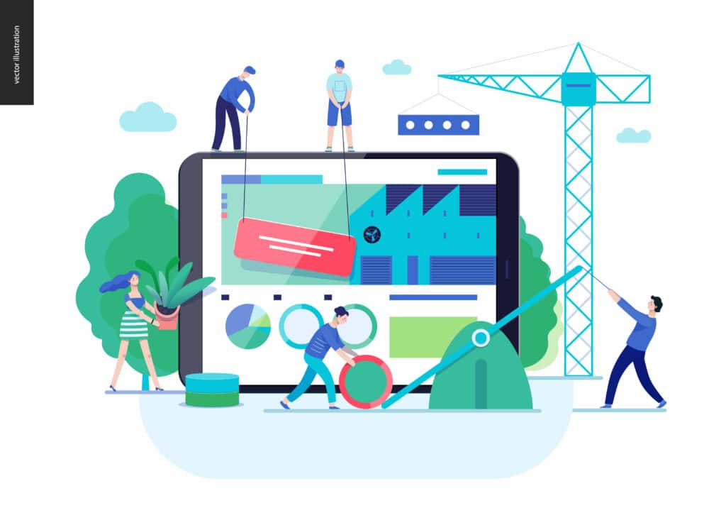 Business series - teamwork and collaboration web template Vector cartoon people working on and around a giant ipad to build a web page