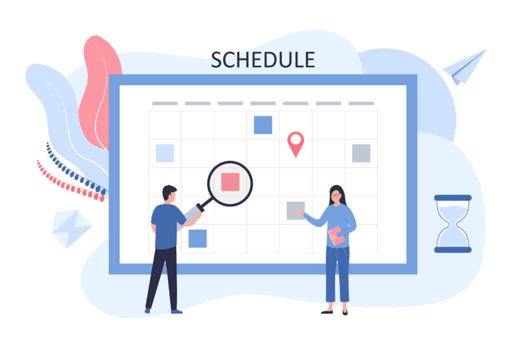 Schedule concept. The business team plans the work of the company. A man stands with a magnifier near the dashboard, a woman with a tablet. Flat vector illustration for web sites, infographics A graphic of a calendar