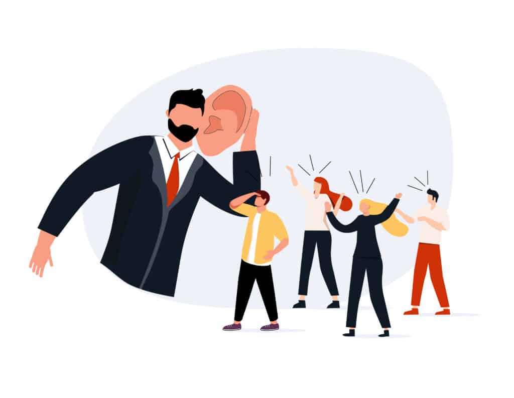Good listener boss, listen and accept all opinion, suggestion or Cartoon Businessman with huge ear leaning in to listen to customers