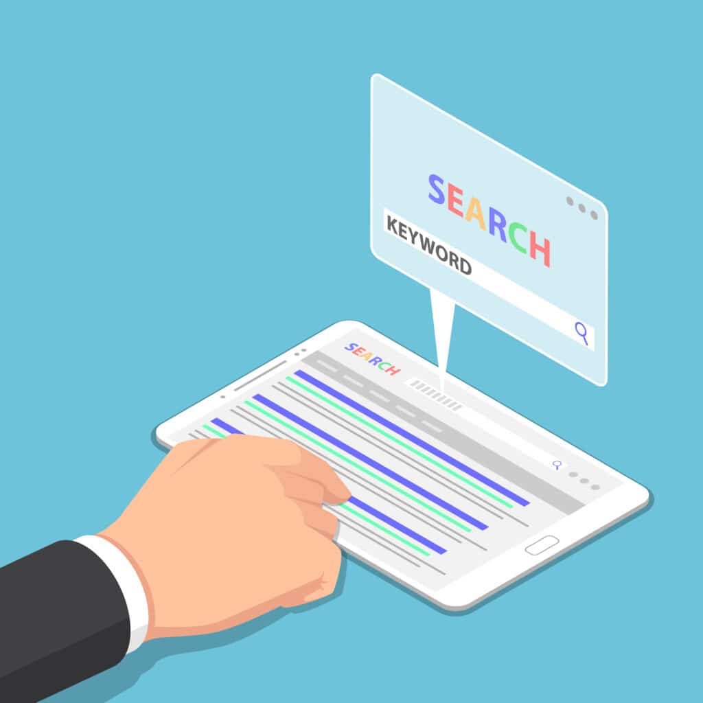 Isometric businessman hand use tablet to searching keyword on se An ipad with the google search website pulled up