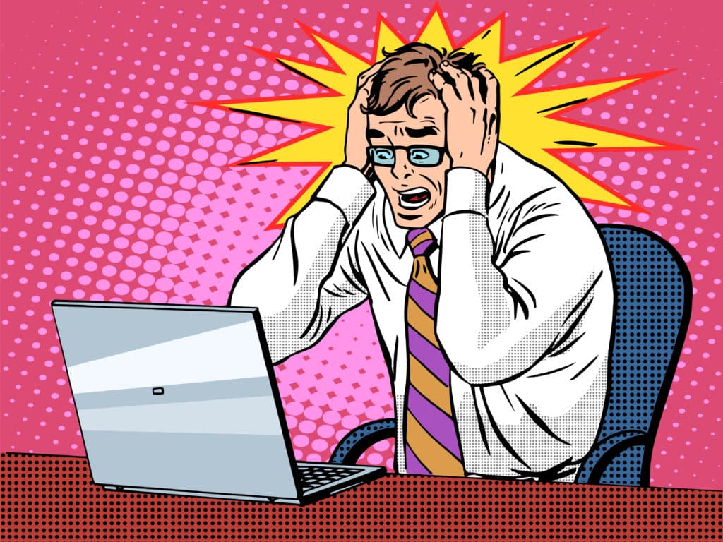 Businessman working on laptop bad news panic Man frustrated at his computer